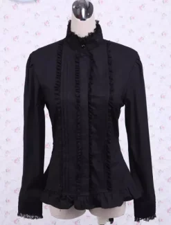Black Cotton Lolita Blouse Stand Collar Layered Lace Trim Ruffles