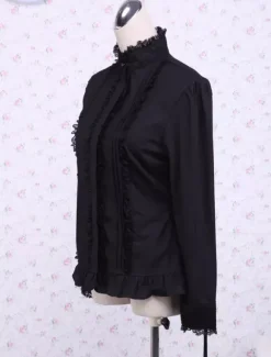 Black Cotton Lolita Blouse Stand Collar Layered Lace Trim Ruffles