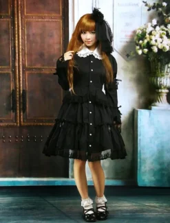 Black Cotton Lolita OP Dress Long Sleeves Round Collar Lace Trim
