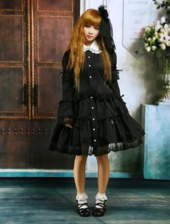 Black Cotton Lolita OP Dress Long Sleeves Round Collar Lace Trim