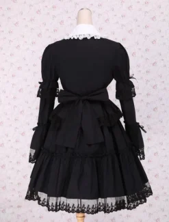Black Cotton Lolita OP Dress Long Sleeves Round Collar Lace Trim