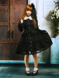 Black Cotton Lolita OP Dress Long Sleeves Round Collar Lace Trim