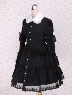 Black Cotton Lolita OP Dress Long Sleeves Round Collar Lace Trim