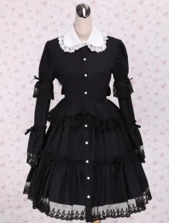 Black Cotton Lolita OP Dress Long Sleeves Round Collar Lace Trim