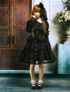 Black Cotton Lolita OP Dress Long Sleeves Round Collar Lace Trim