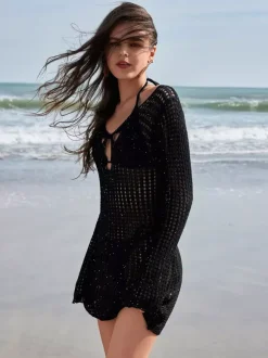 Black Crochet Cover-up Mini Dress With Long Sleeves For Summer Beach 2026