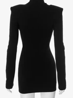 Black Cutout Bodycon Dress Padded Shoulder Long Sleeves Mini Dress For Women 2026