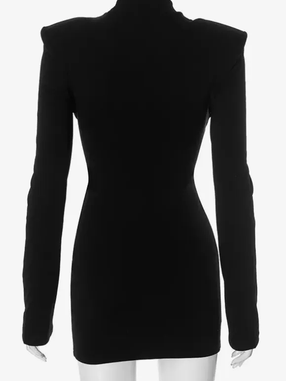 Black Cutout Bodycon Dress Padded Shoulder Long Sleeves Mini Dress For Women 2026