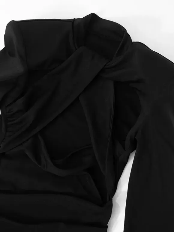 Black Cutout Bodycon Dress Padded Shoulder Long Sleeves Mini Dress For Women 2026