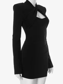 Black Cutout Bodycon Dress Padded Shoulder Long Sleeves Mini Dress For Women 2026