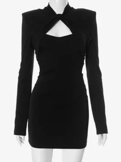 Black Cutout Bodycon Dress Padded Shoulder Long Sleeves Mini Dress For Women 2026