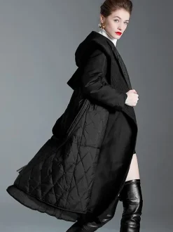 Black Down Coat Hooded Belted Long Winter Outerwear For Women