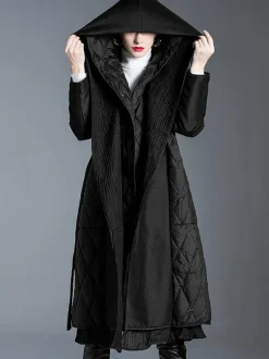 Black Down Coat Hooded Belted Long Winter Outerwear For Women