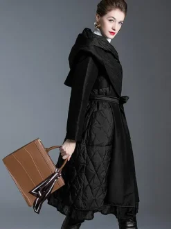 Black Down Coat Hooded Belted Long Winter Outerwear For Women