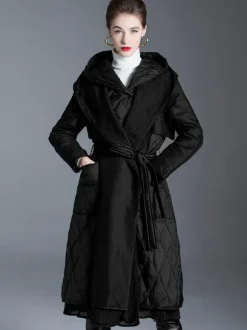 Black Down Coat Hooded Belted Long Winter Outerwear For Women