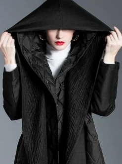 Black Down Coat Hooded Belted Long Winter Outerwear For Women