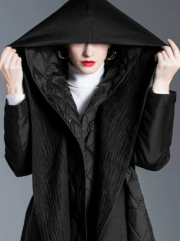 Black Down Coat Hooded Belted Long Winter Outerwear For Women