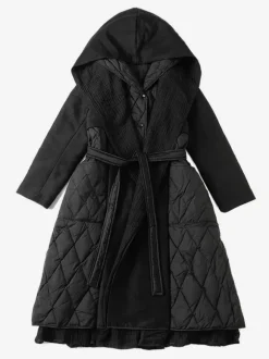 Black Down Coat Hooded Belted Long Winter Outerwear For Women