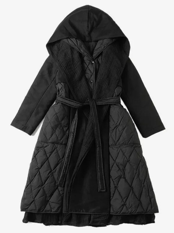 Black Down Coat Hooded Belted Long Winter Outerwear For Women