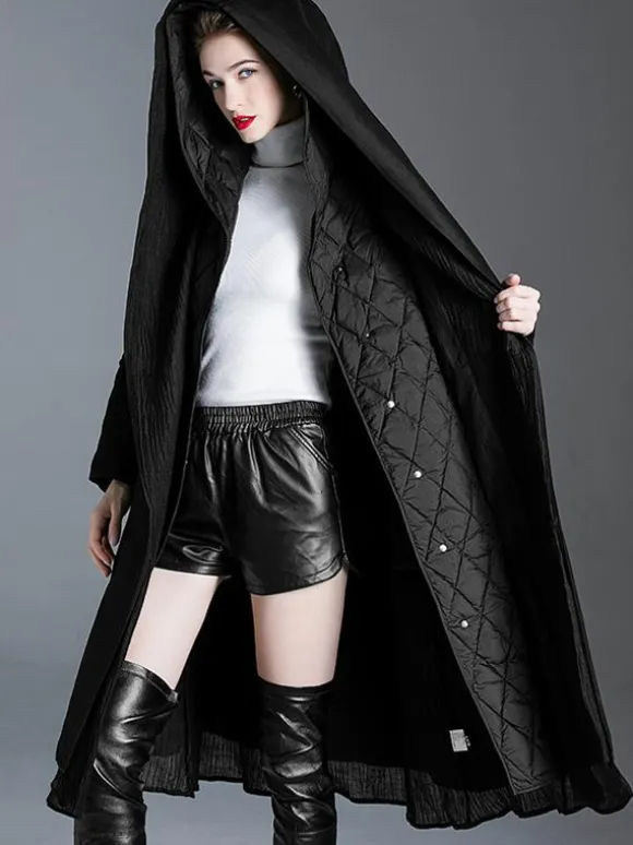 Black Down Coat Hooded Belted Long Winter Outerwear For Women