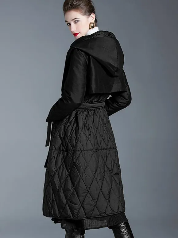 Black Down Coat Hooded Belted Long Winter Outerwear For Women