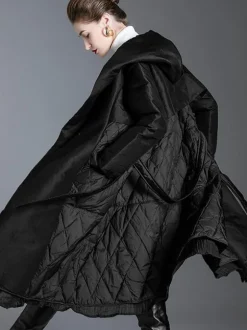 Black Down Coat Hooded Belted Long Winter Outerwear For Women