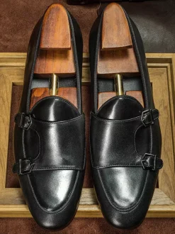 Black Dress Shoes For Men Genuine Leather Round Toe Slip On Monk Loafers