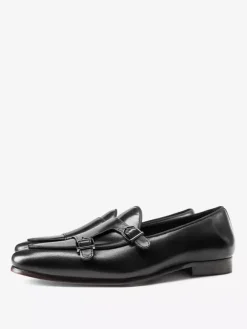Black Dress Shoes For Men Genuine Leather Round Toe Slip On Monk Loafers