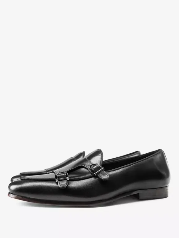 Black Dress Shoes For Men Genuine Leather Round Toe Slip On Monk Loafers