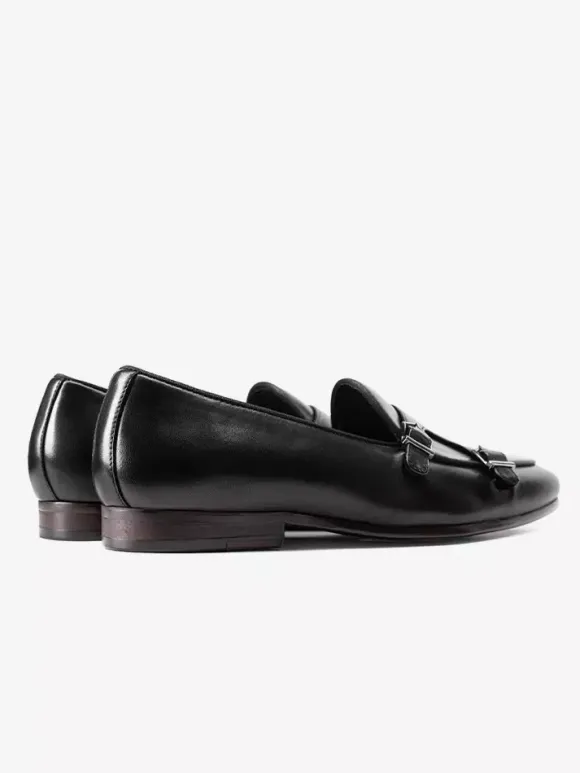 Black Dress Shoes For Men Genuine Leather Round Toe Slip On Monk Loafers