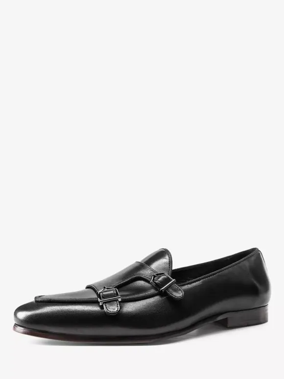 Black Dress Shoes For Men Genuine Leather Round Toe Slip On Monk Loafers