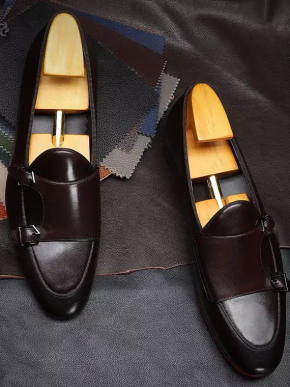 Black Dress Shoes For Men Genuine Leather Round Toe Slip On Monk Loafers