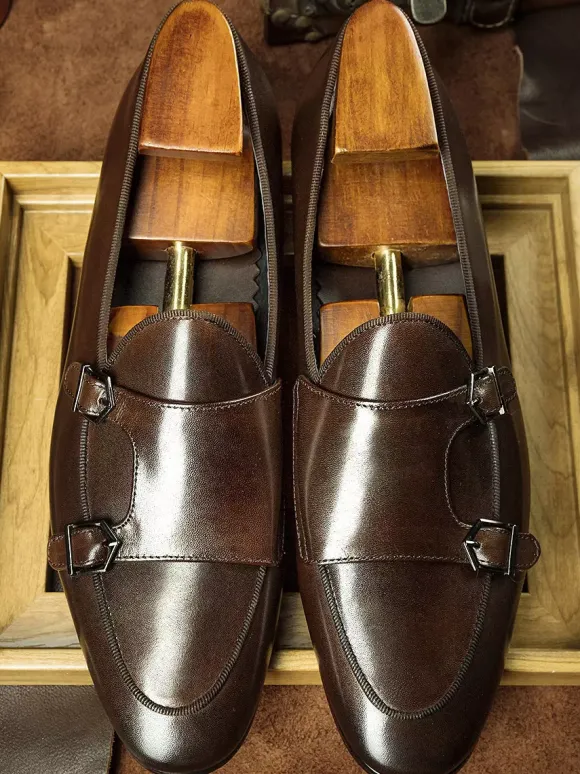 Black Dress Shoes For Men Genuine Leather Round Toe Slip On Monk Loafers