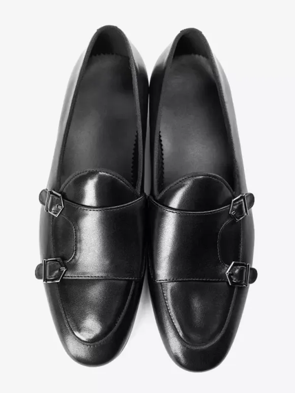 Black Dress Shoes For Men Genuine Leather Round Toe Slip On Monk Loafers