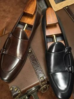 Black Dress Shoes For Men Genuine Leather Round Toe Slip On Monk Loafers