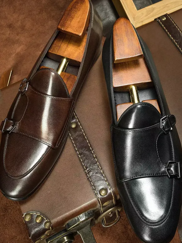 Black Dress Shoes For Men Genuine Leather Round Toe Slip On Monk Loafers