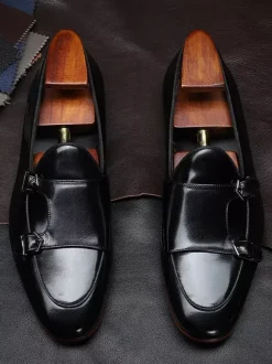 Black Dress Shoes For Men Genuine Leather Round Toe Slip On Monk Loafers