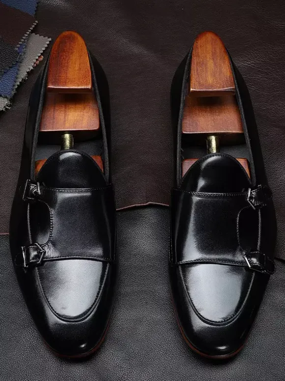 Black Dress Shoes For Men Genuine Leather Round Toe Slip On Monk Loafers