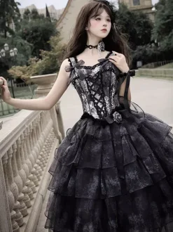 Black Fairy Lolita Dresses Ruffles Bow Lace Up Straps Gothic Lolita Dress