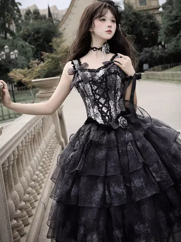 Black Fairy Lolita Dresses Ruffles Bow Lace Up Straps Gothic Lolita Dress