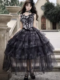 Black Fairy Lolita Dresses Ruffles Bow Lace Up Straps Gothic Lolita Dress