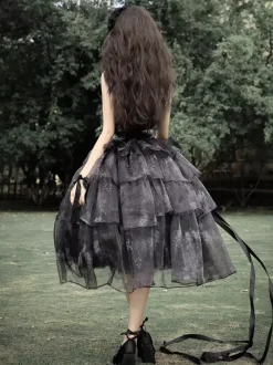 Black Fairy Lolita Dresses Ruffles Bow Lace Up Straps Gothic Lolita Dress