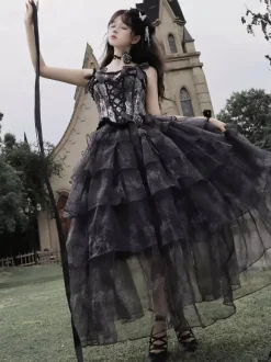 Black Fairy Lolita Dresses Ruffles Bow Lace Up Straps Gothic Lolita Dress