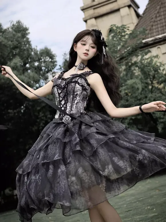 Black Fairy Lolita Dresses Ruffles Bow Lace Up Straps Gothic Lolita Dress