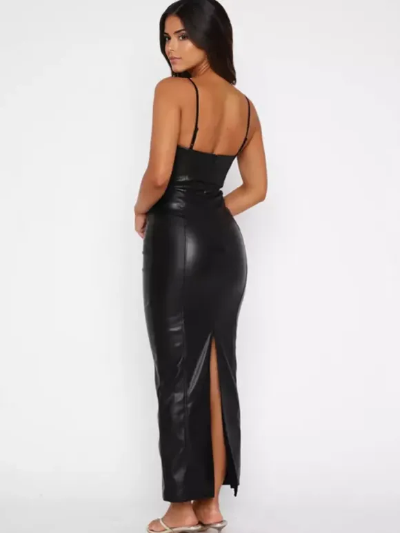 Black Faux Leather Maxi Dress Sexy Bodycon Slip Party Dress For Women 2026