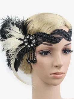 Black Flapper Headband The Great Gatsby 1920s Fashion Costume Feather Headpieces Women's Vintage Accessories