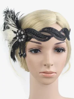 Black Flapper Headband The Great Gatsby 1920s Fashion Costume Feather Headpieces Women's Vintage Accessories