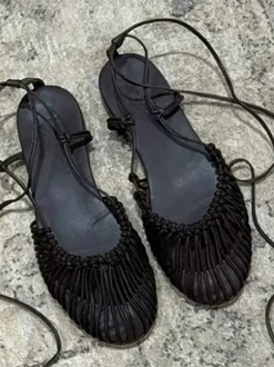 Black Flat Sandals Women's Round Toe Cut Out Lace Up Falts