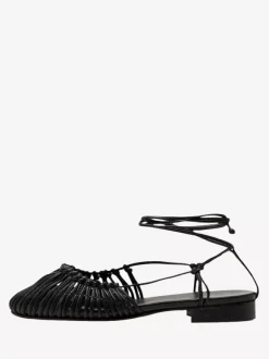 Black Flat Sandals Women's Round Toe Cut Out Lace Up Falts