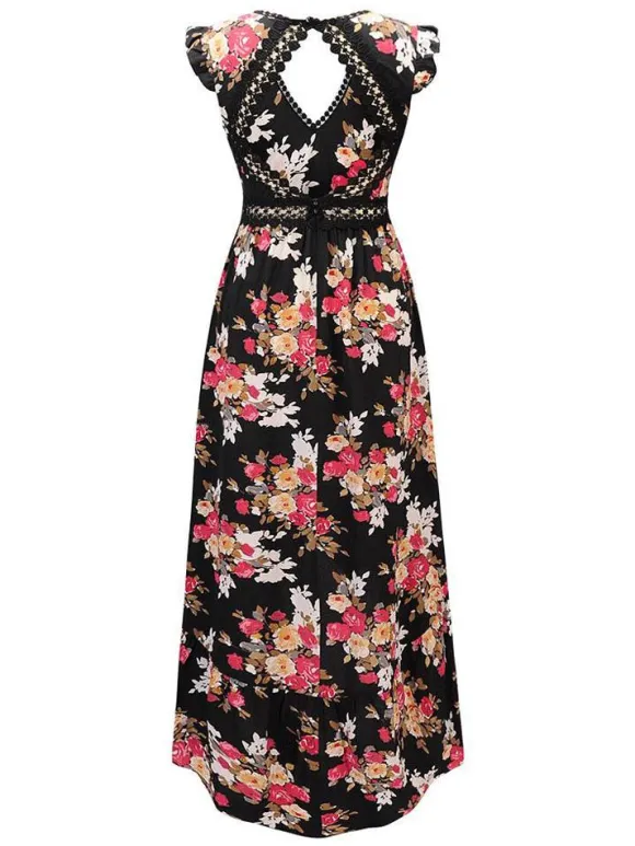 Black Floral Boho Maxi Dress for Women - High Low Hem Open Back Crochet Waist Long Dress - Summer Date Night Outfits 2026